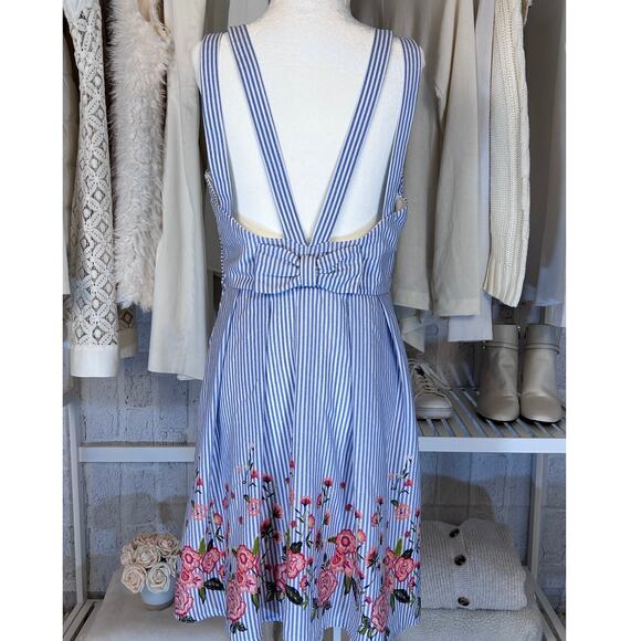 Trixxi Juniors Sz 13 Blue Striped Floral Double Strap Fit & Flare Sun Dress#0126 - Picture 3 of 7